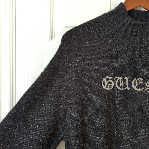 Guess Y2K Vintage Gothic Script Marled Knit Wool Blend Mock Neck Sweater Gray M - Picture 6 of 12